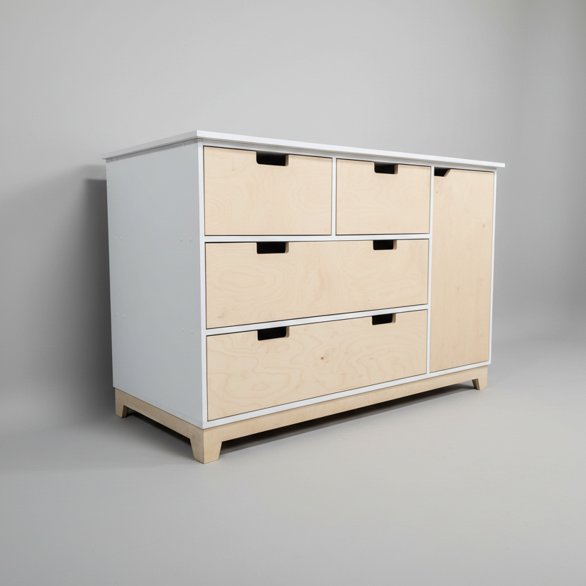 White compactum with wooden drawers on a gray background