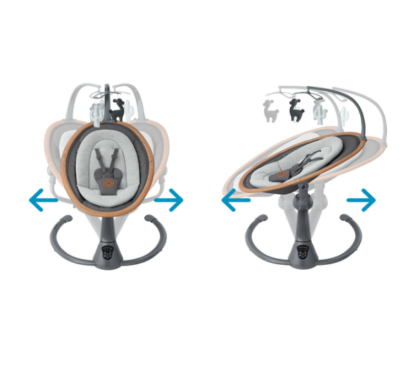 Two views of a baby swing with arrows indicating movement direction on a white background