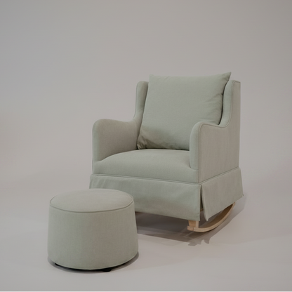 Gray armchair with matching ottoman on a white background