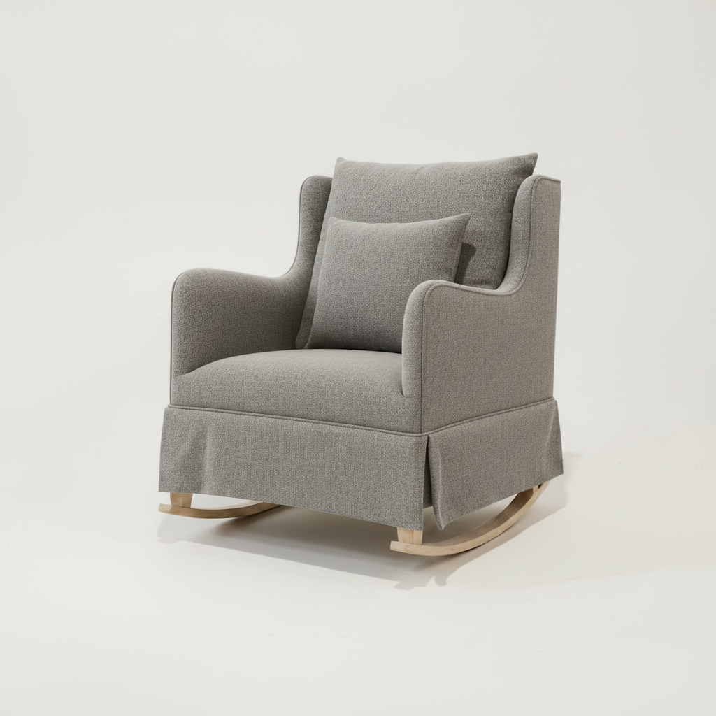 Gray upholstered rocking chair on a white background