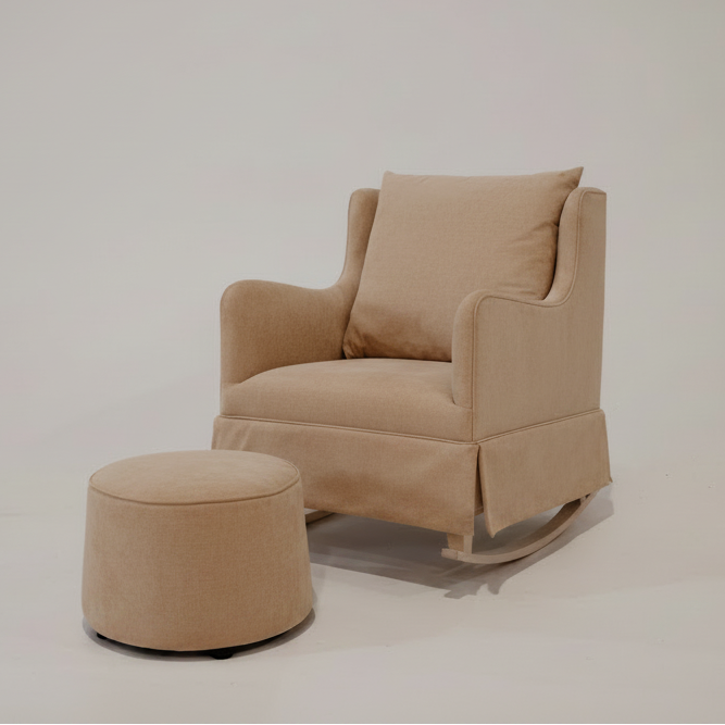 Beige rocking chair with matching ottoman on a white background