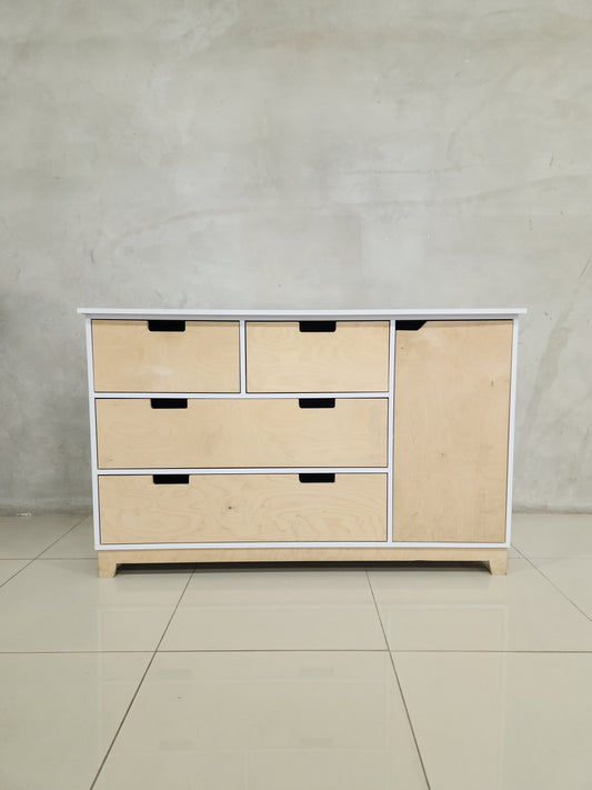 Rupert Compactum with drawers and shelves, made from birch wood and melamine for stylish storage.