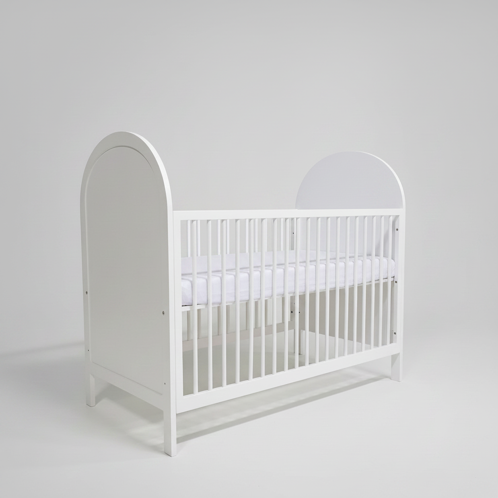 White crib with a white mattress on a light gray background