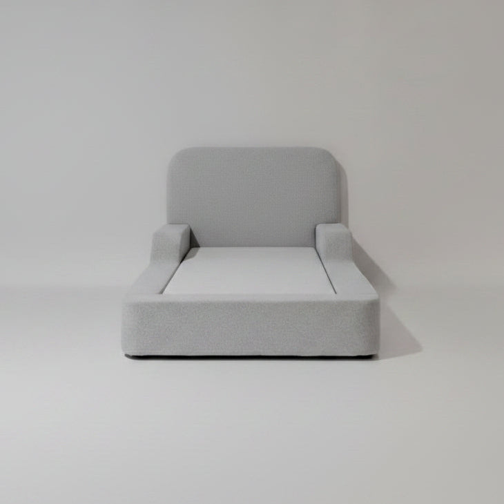 Gray upholstered kids bed on a white background