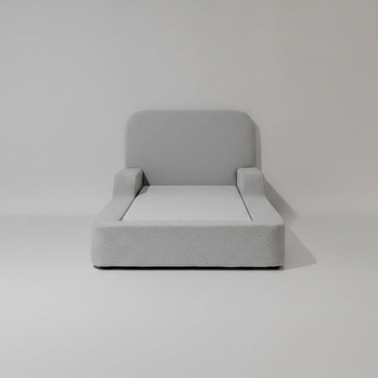 Gray upholstered kids bed on a white background