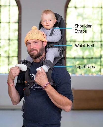 Parent carrying child using the MiniMeis G5 Shoulder Carrier during a nature hike