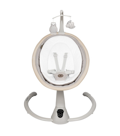 Baby crib mobile with birds and a clock on a white background