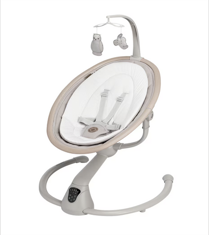 Baby swing with white cushion and mobile on a white background