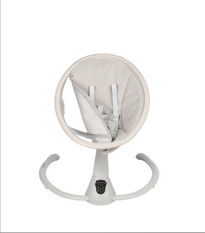 White baby swing with gray cushion on a white background