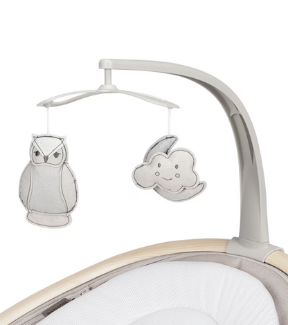 Baby crib mobile with owl and cloud design on a white background