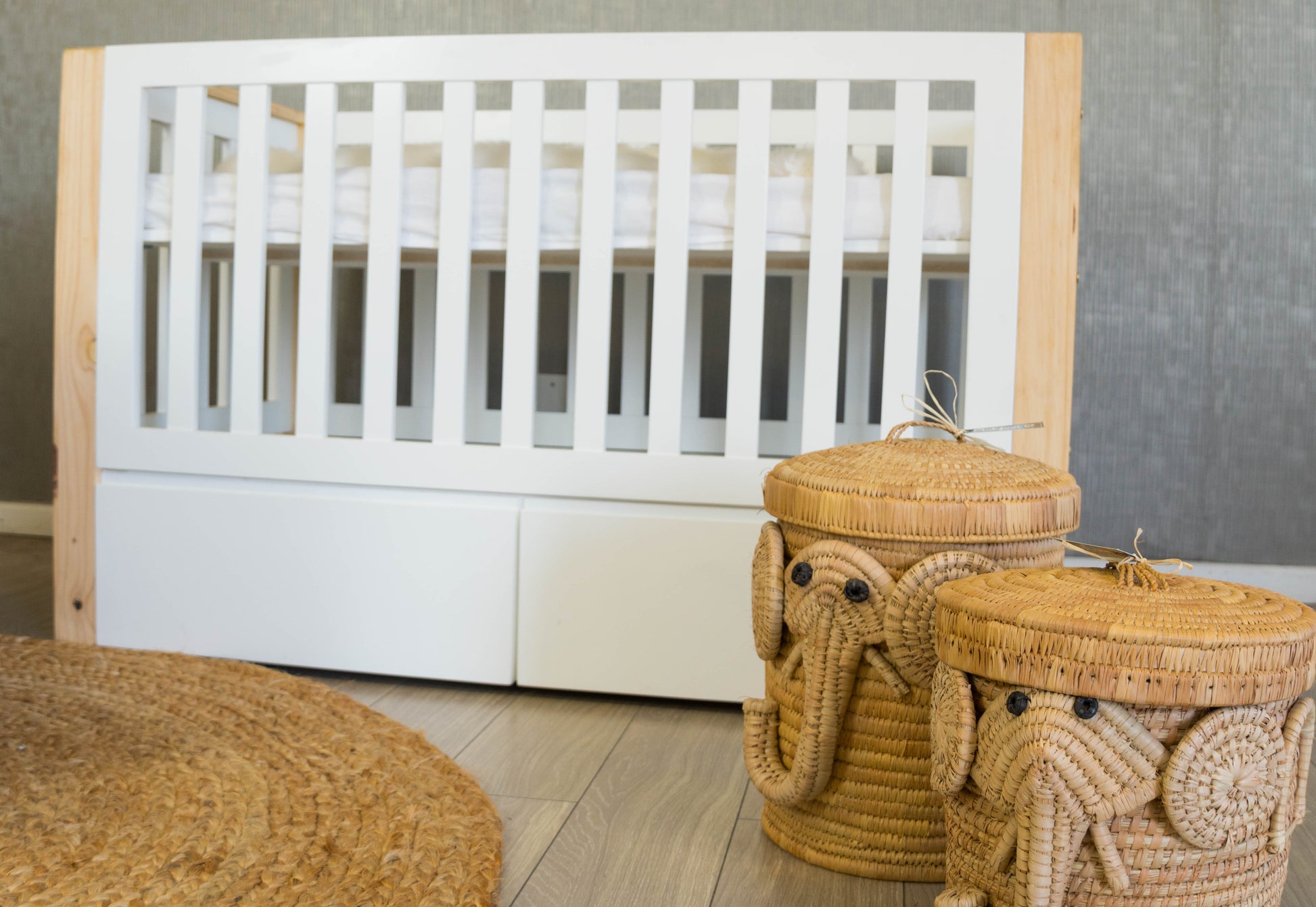 Square Framed Compactum in white MDF with birch detail, featuring spacious drawers for nursery storage.