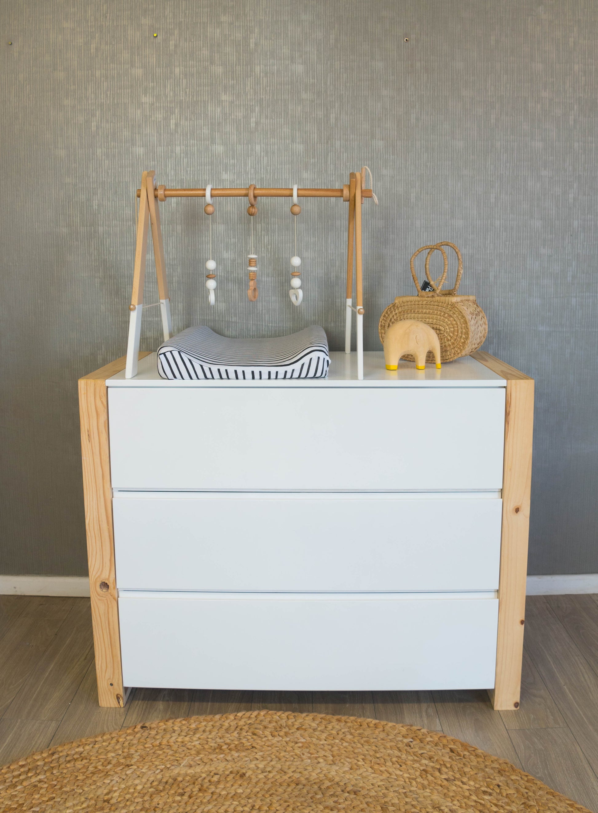 Square Framed Compactum in white MDF with birch detail, featuring spacious drawers for nursery storage.