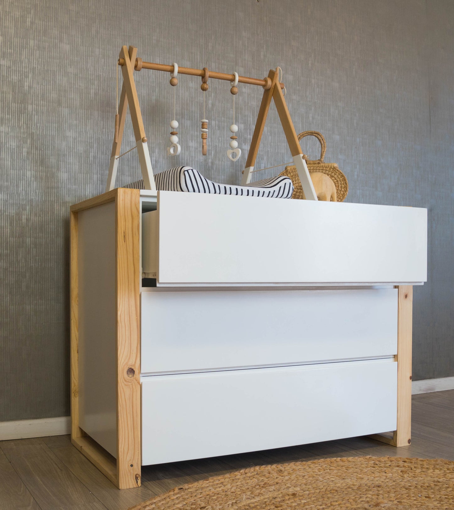 Square Framed Compactum in white MDF with birch detail, featuring spacious drawers for nursery storage.