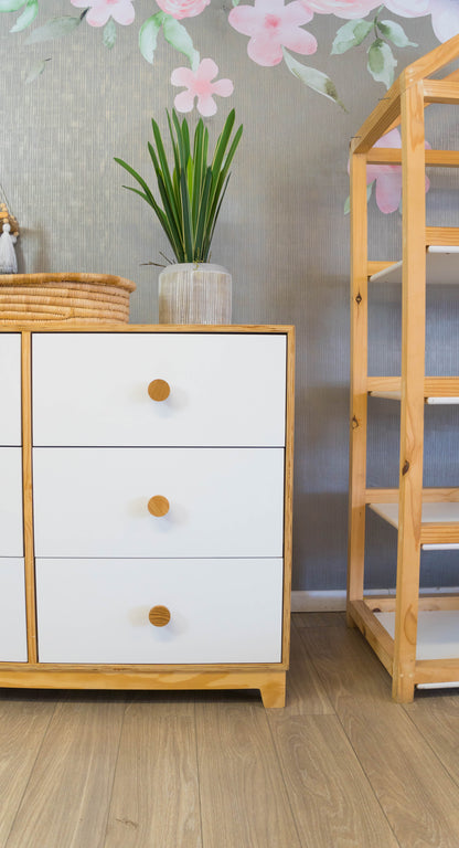 Modern Donnalee Compactum nursery dresser with birch wood, MDF, and large wooden knobs.