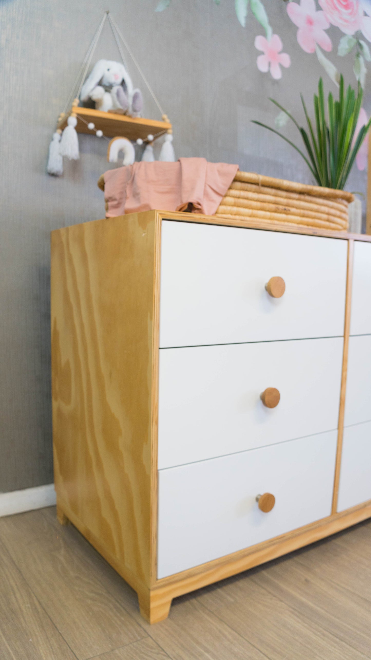 Modern Donnalee Compactum nursery dresser with birch wood, MDF, and large wooden knobs.