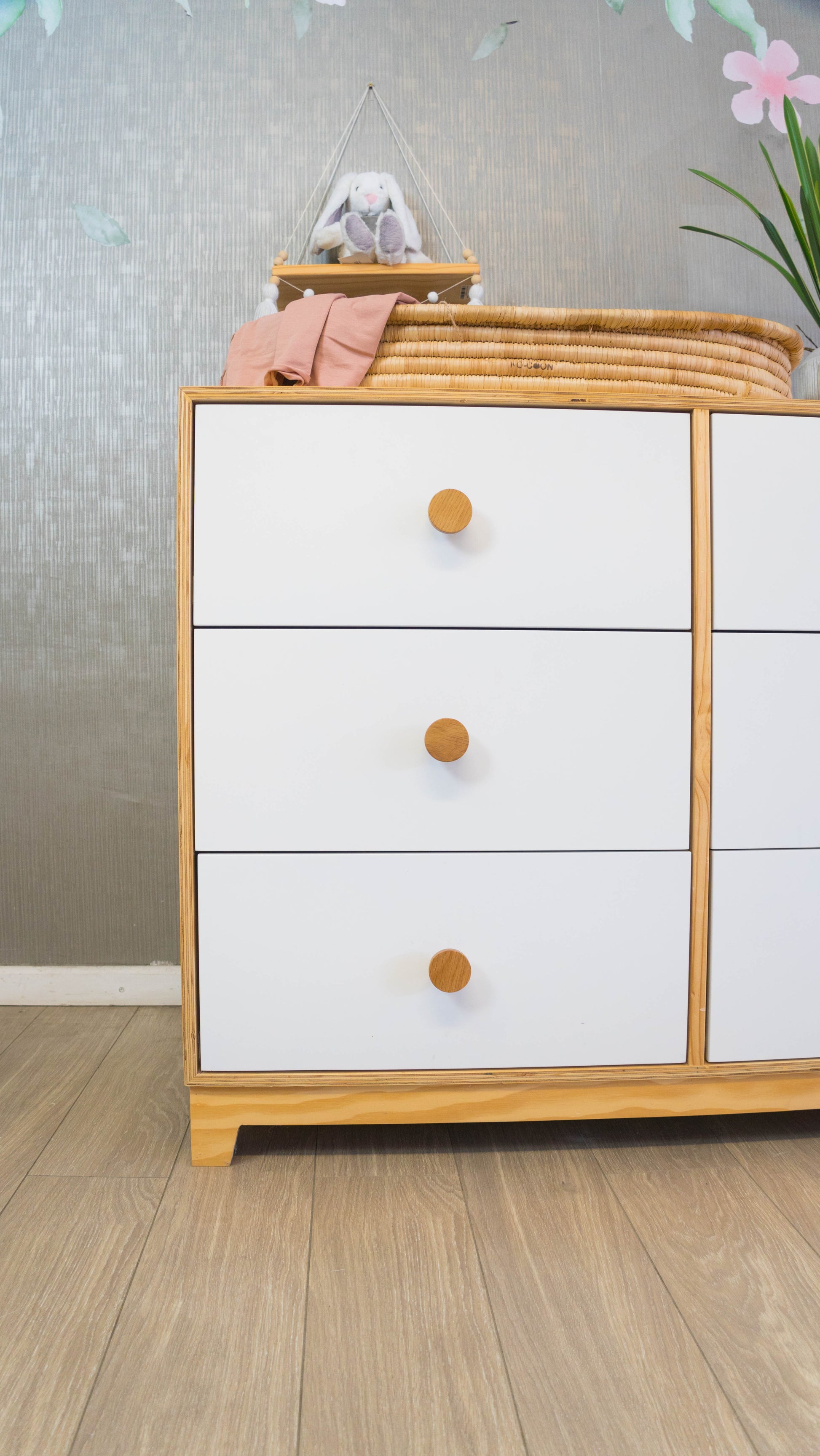 Modern Donnalee Compactum nursery dresser with birch wood, MDF, and large wooden knobs.