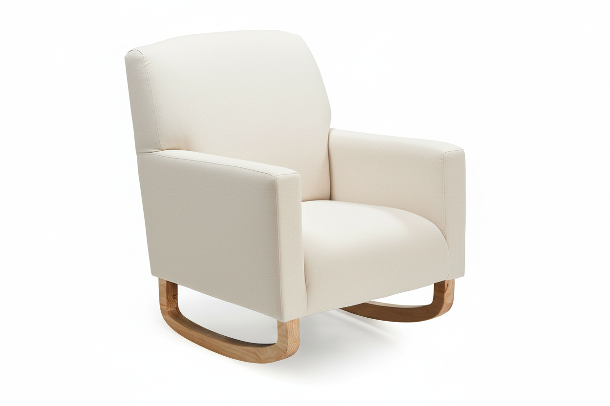 White rocking chair with wooden legs on a white background