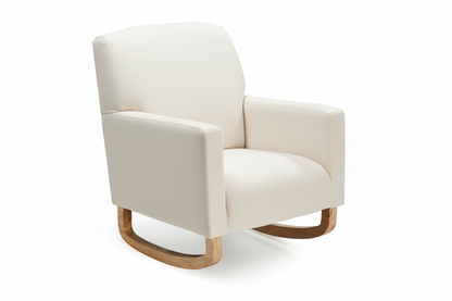 White rocking chair with wooden legs on a white background