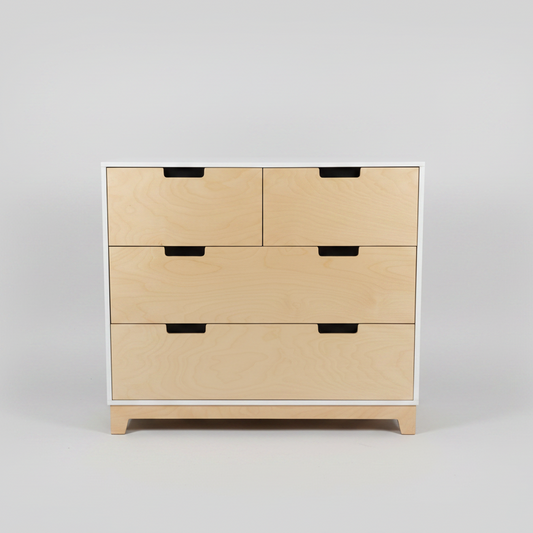 Wooden dresser with multiple drawers on a white background