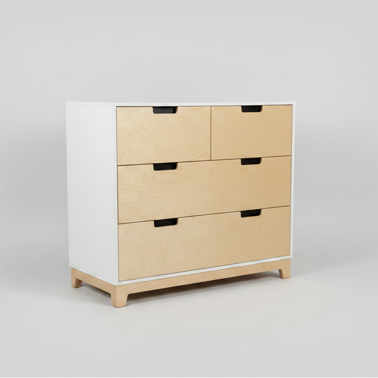 Two-toned dresser with white and light wood finish on a gray background