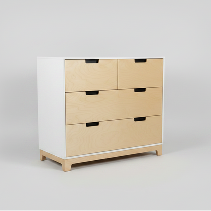 Two-toned dresser with white and light wood finish on a gray background