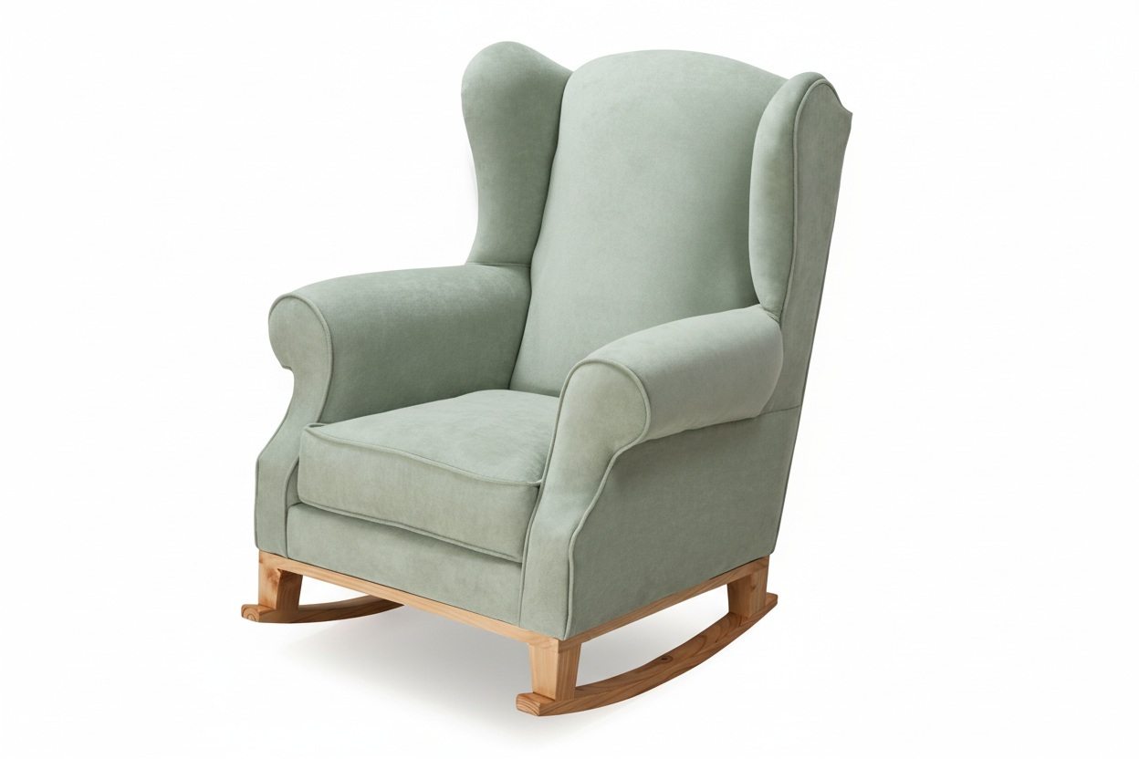 Gray upholstered rocking chair with wooden base on a white background