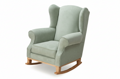 Gray upholstered rocking chair with wooden base on a white background
