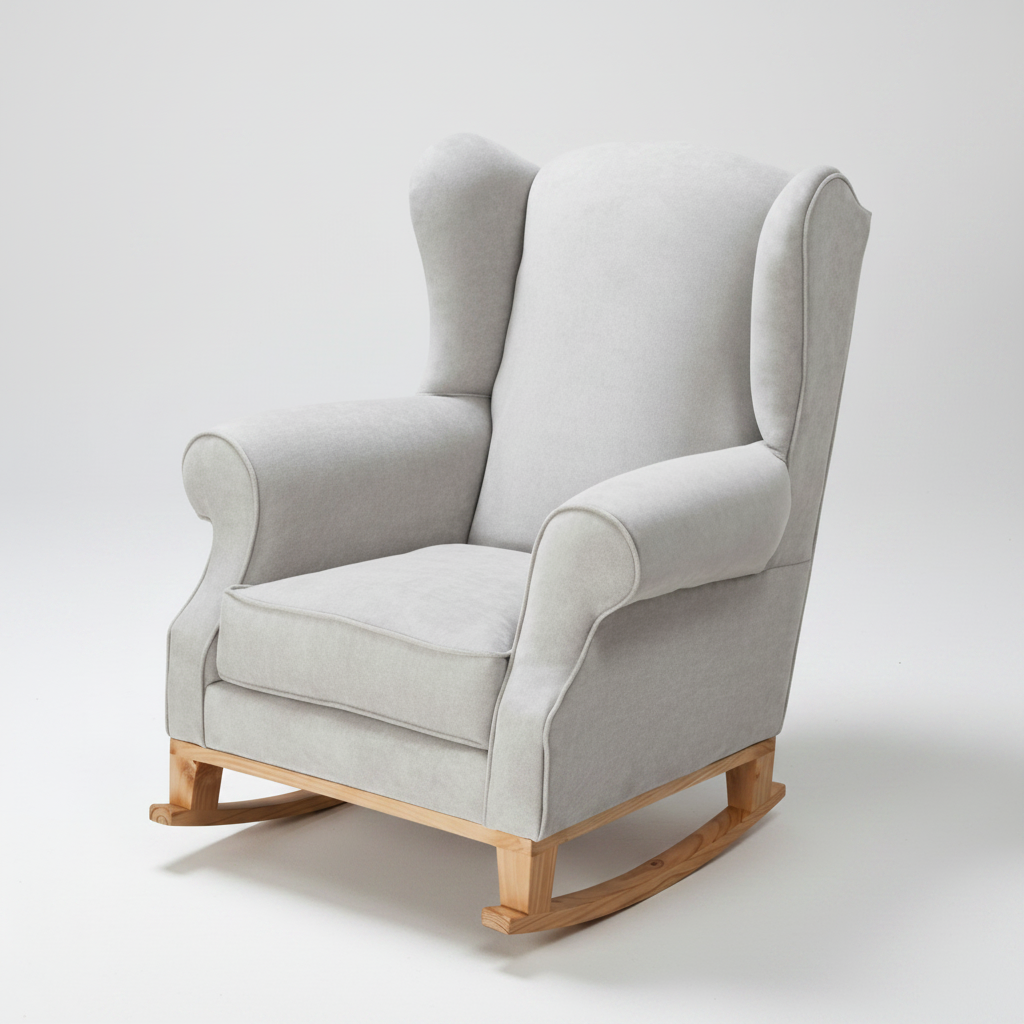 Gray rocking chair with wooden legs on a white background
