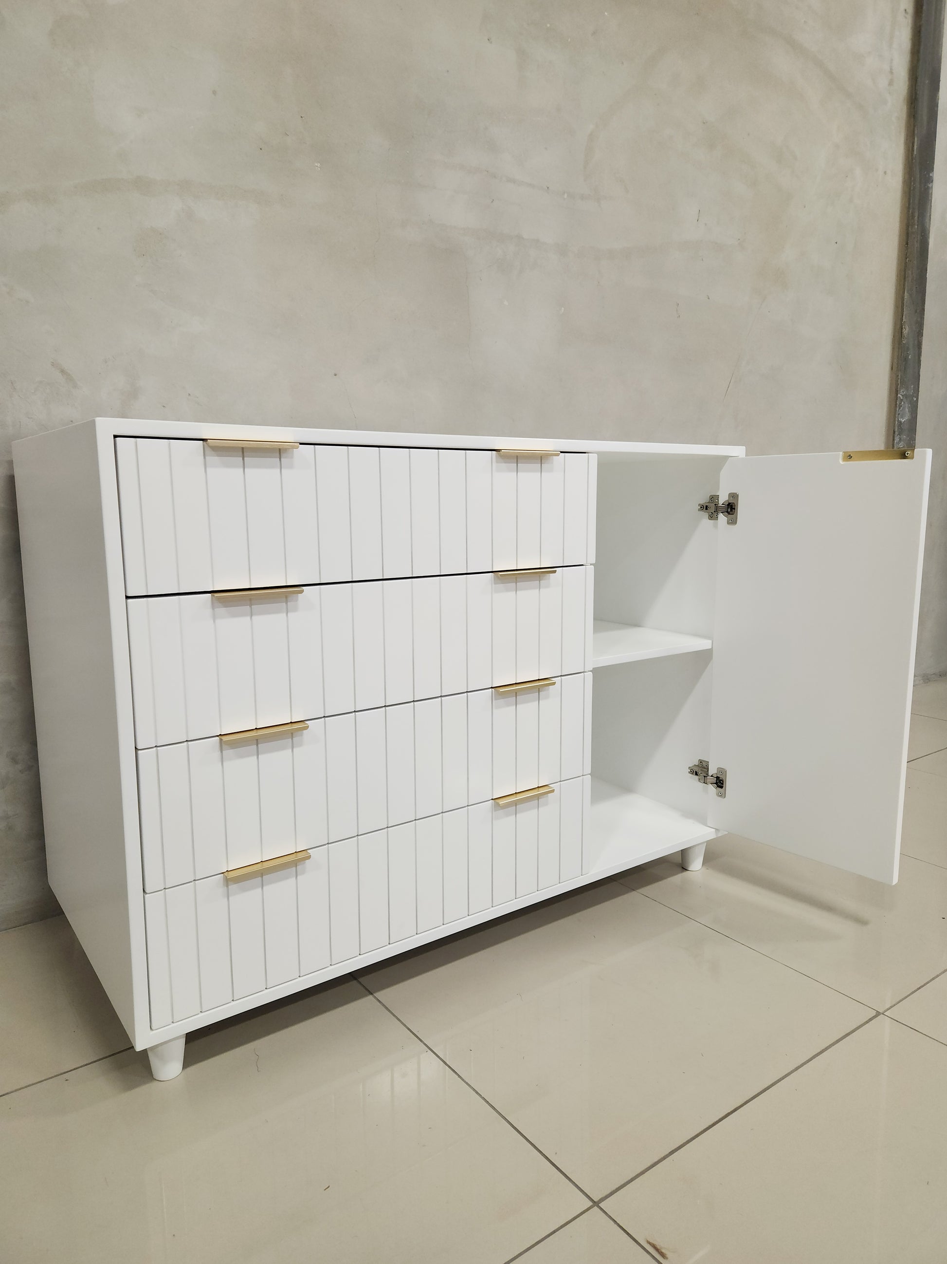 Line Compactum featuring 4 drawers, shelves, and baby-safe construction, perfect for nursery storage.