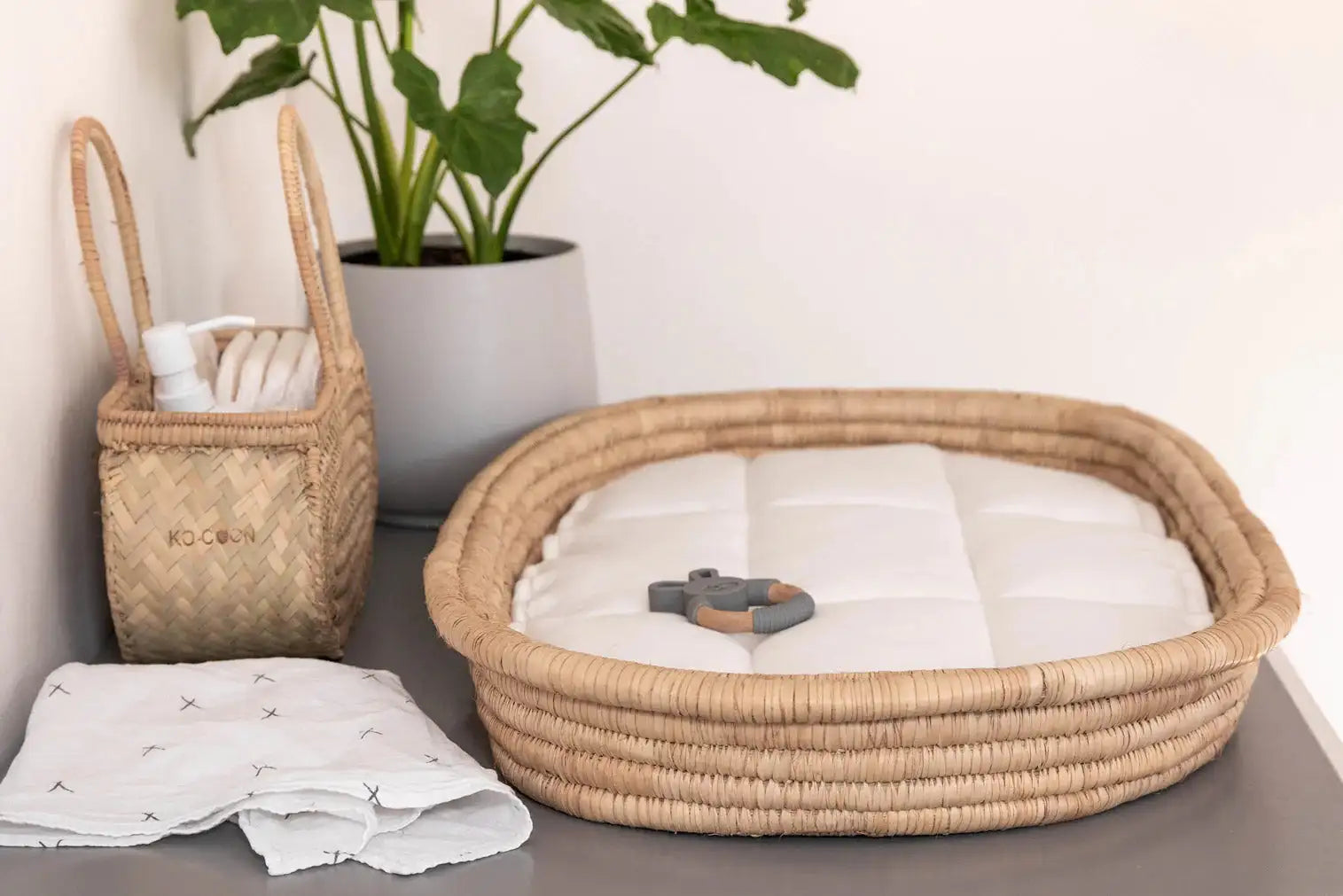 Baby Changing Basket (60x40cm) KO-COON Natural Collection - with quilted cotton changing mat Bedding