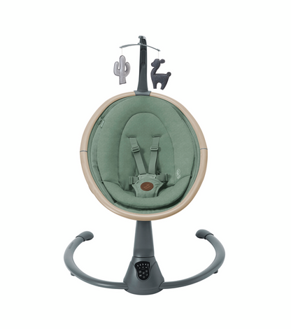 Baby swing with green seat and beige frame on a white background
