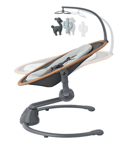 Baby swing with gray and brown design on a white background