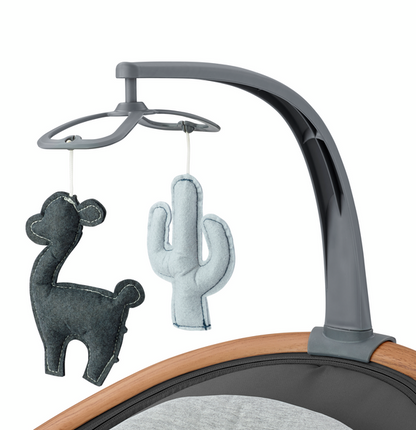 Baby crib mobile with llama and cactus shapes on a white background