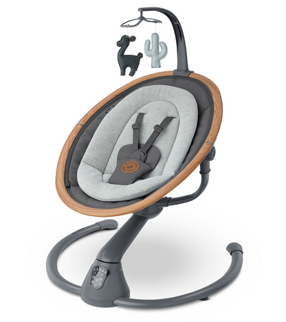 Baby swing with gray cushion and wooden frame on a white background