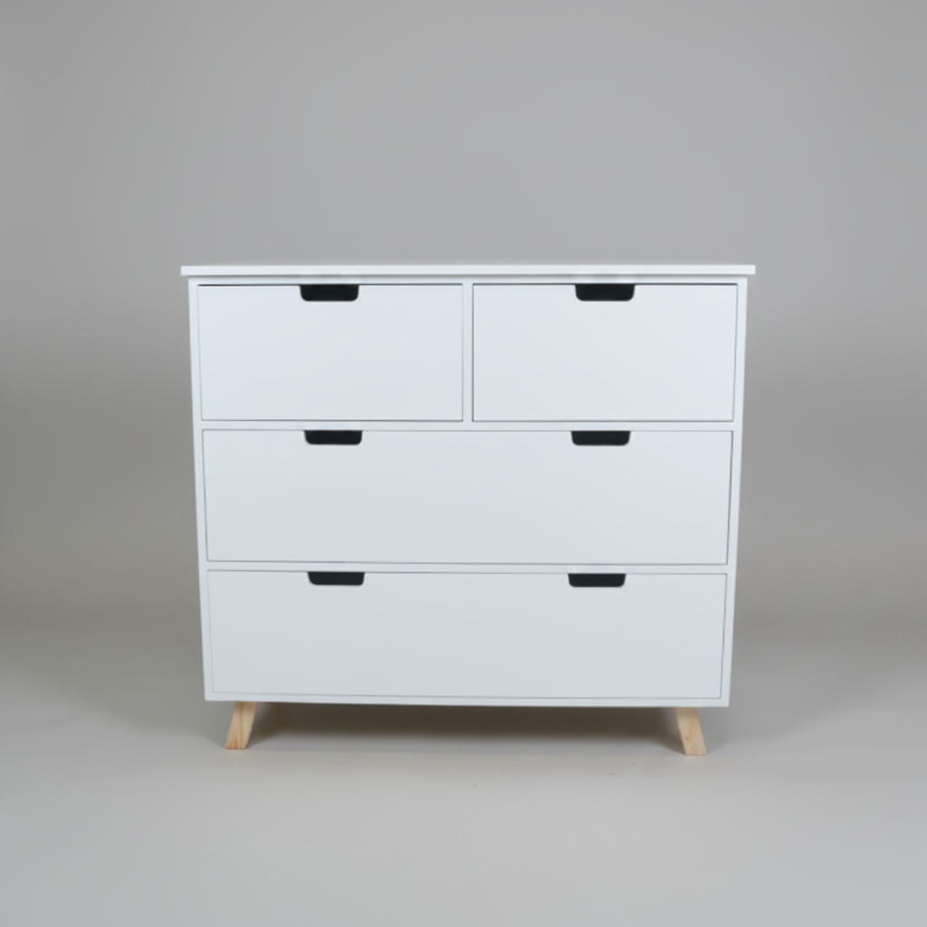 White nursery compactum with multiple drawers on a gray background