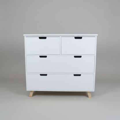 White nursery compactum with multiple drawers on a gray background