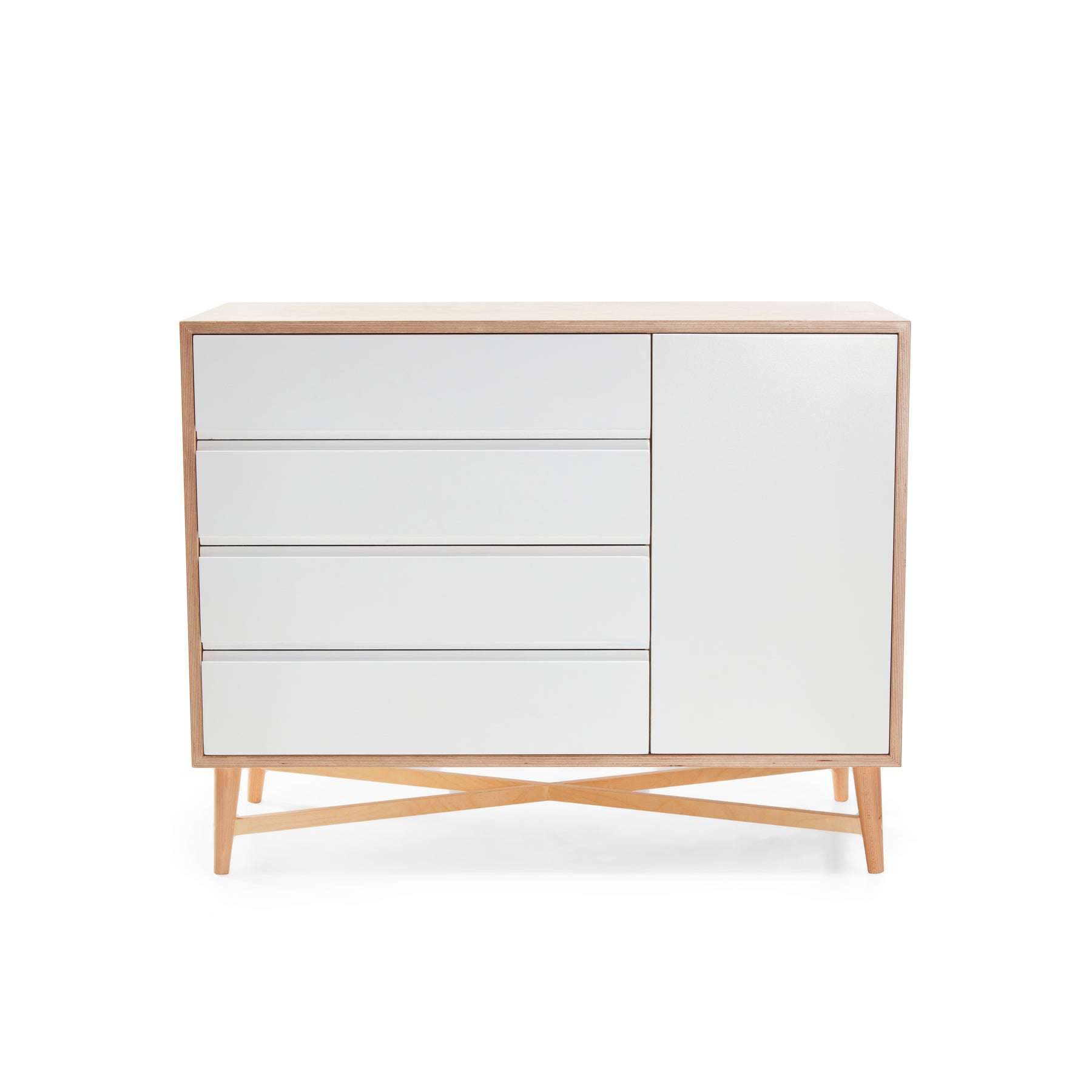 Heidi Compactum crafted from birch wood and MDF, with spacious storage and cross-leg detailing.