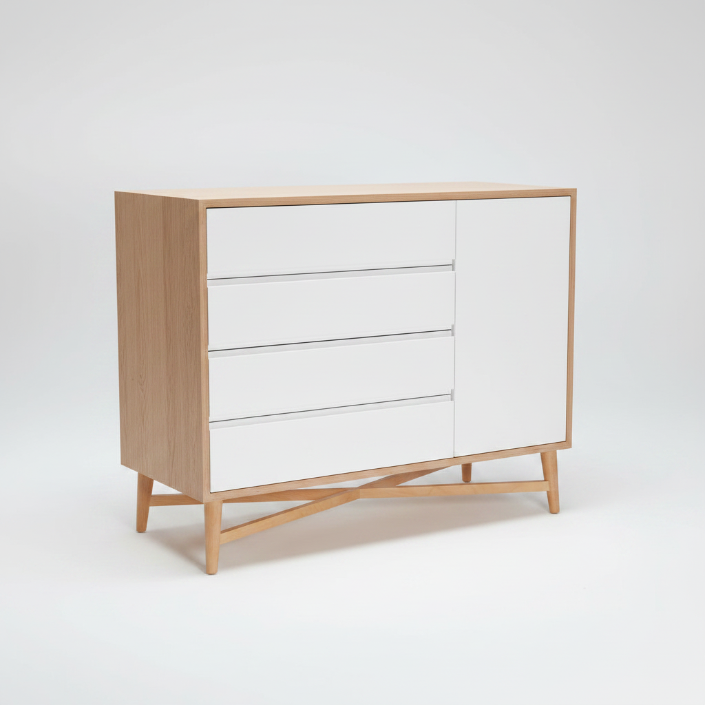 Wooden nursery compactum with white drawers on a light gray background