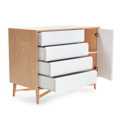 Stylish birch wood Heidi Compactum featuring ample storage and modern cross-leg design.