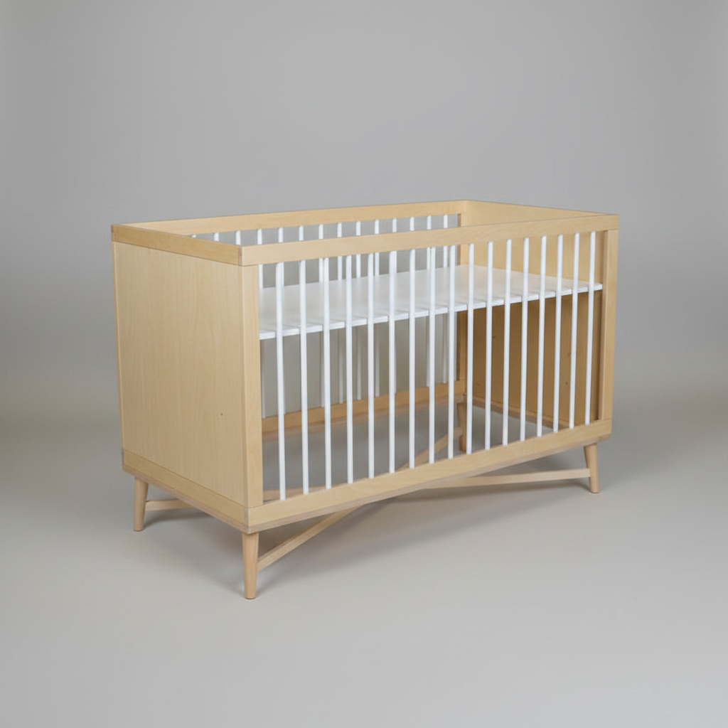 Wooden crib with white mattress on a plain background