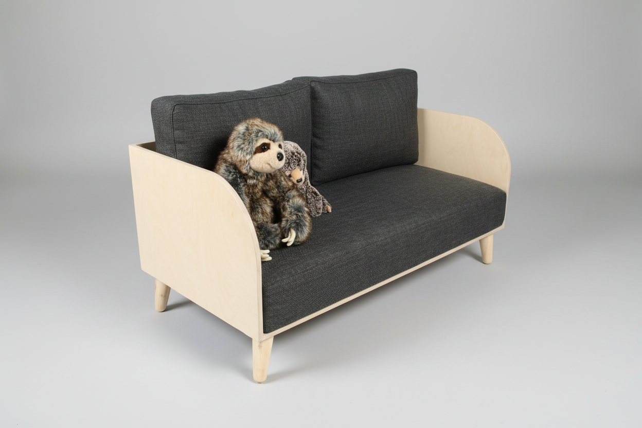 Small gray sofa with a plush toy on a plain background