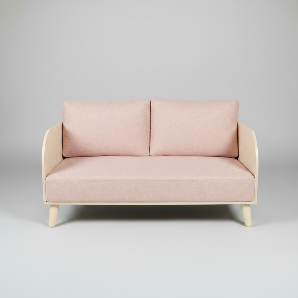 Pink sofa with wooden legs on a gray background