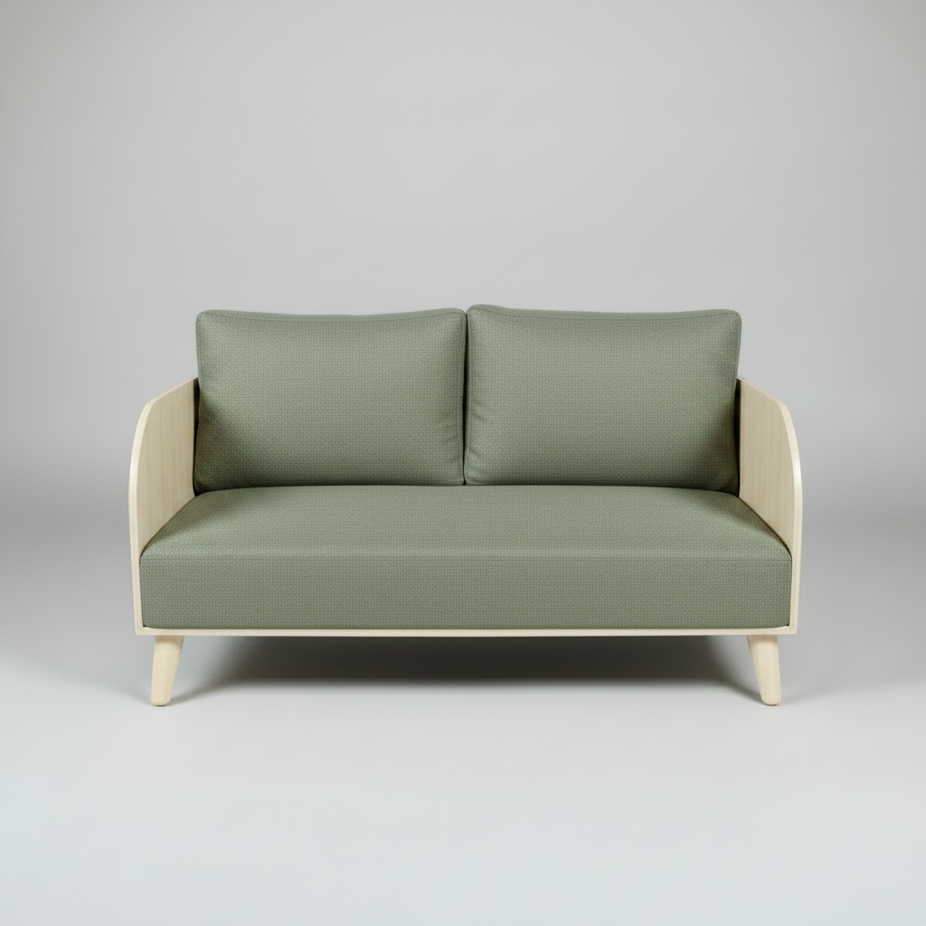 Green sofa with beige frame on a gray background