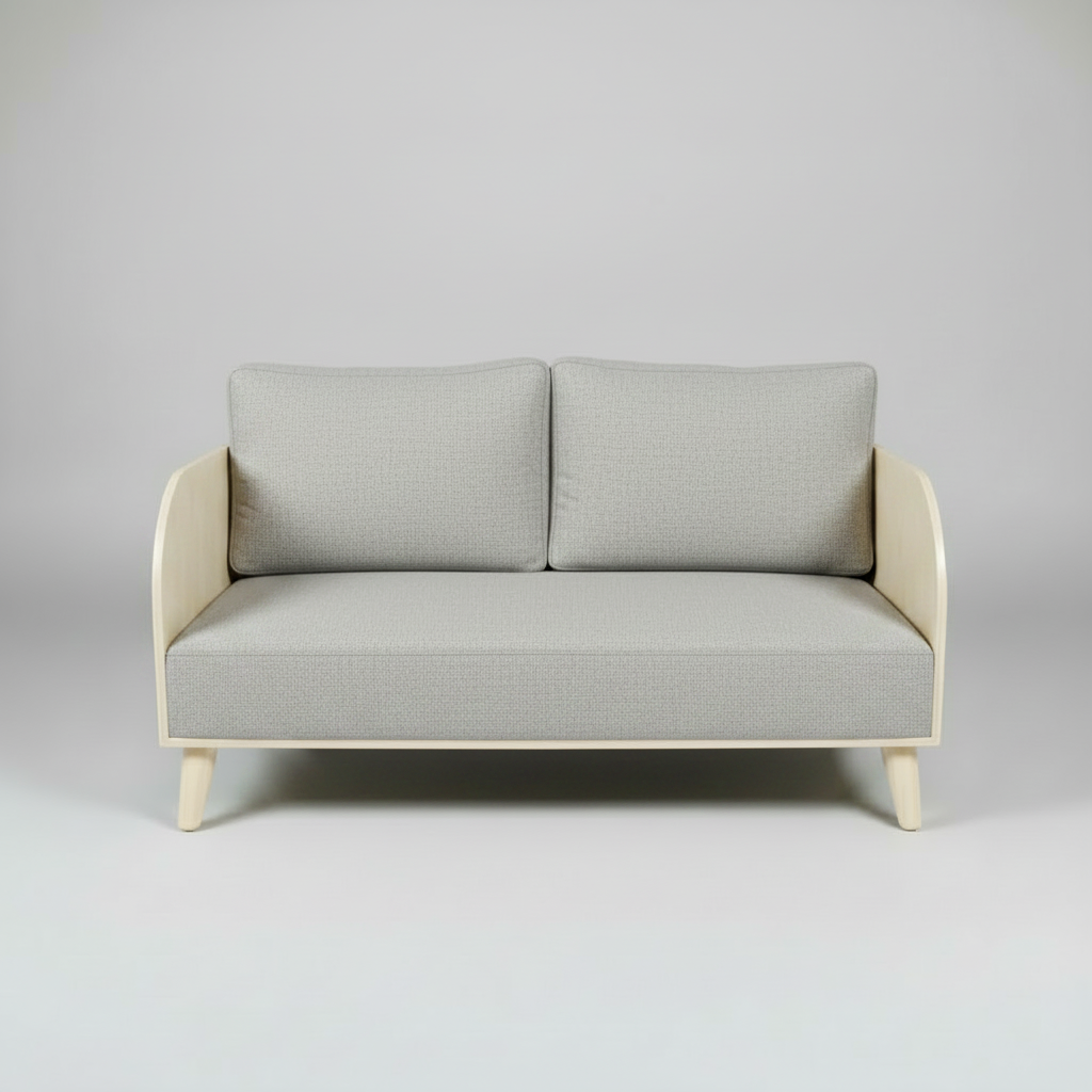 Gray sofa with beige frame on a light gray background