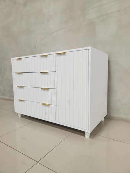 Locally manufactured Line Compactum, all-white baby dresser with clean line detail and baby-safe materials.