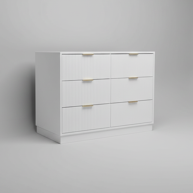 White dresser with gold handles on a gray background