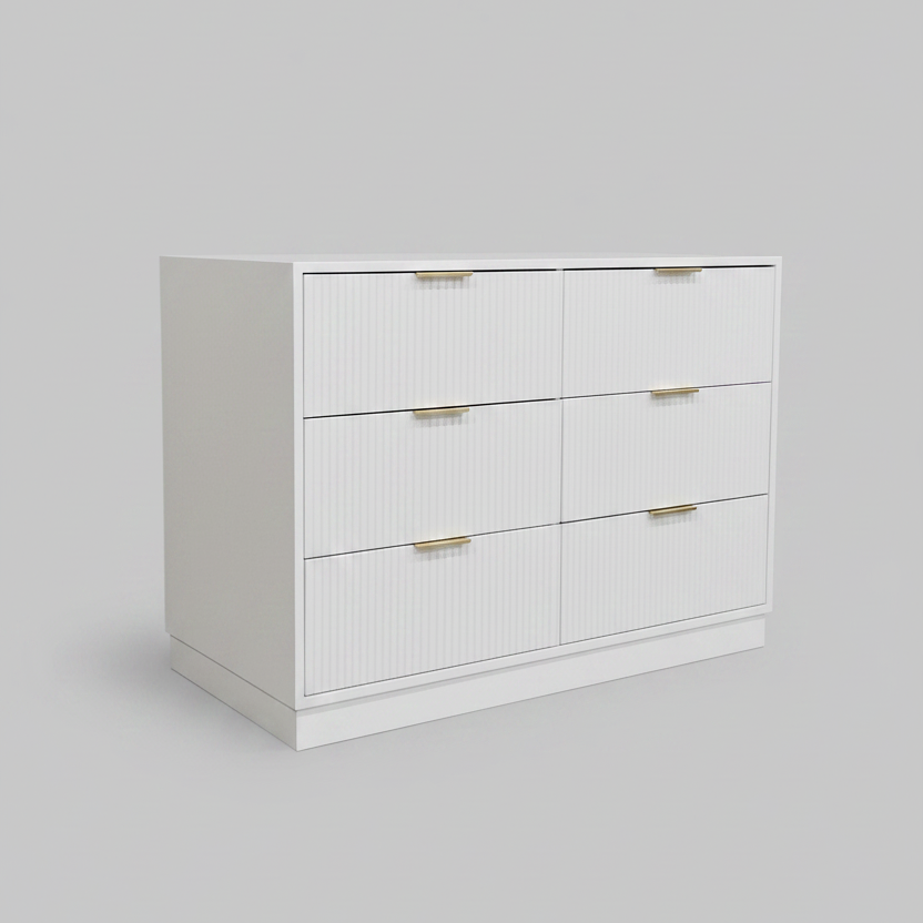 White dresser with gold handles on a gray background