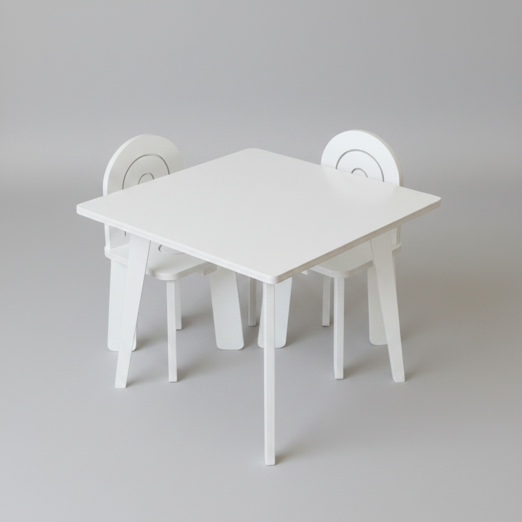White children's table and chairs set on a gray background