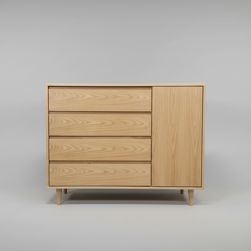 Wooden dresser with multiple drawers on a gray background