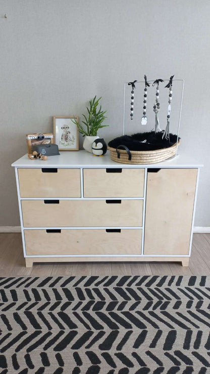 Modern Rupert Compactum featuring birch wood finish, spacious drawers, and open shelving.